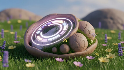 Futuristic glowing circular interface inside a stone shell in a flower field