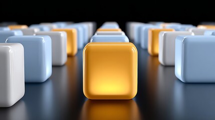 Abstract arrangement of glowing blue and yellow cubes on a sleek black background, featuring a central illuminated cube, creating a captivating visual experience with soft lighting effects