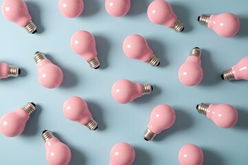 Pink light bulbs arranged neatly on a light blue background, viewed from directly above, showcasing a collection of identical illumination devices