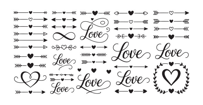 Horizontal cupid arrow icons with heart centers and varied fletching for creative valentine day motifs
