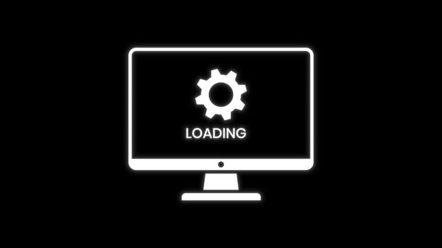 Modern computer monitor animation showing rotating gear and loading text for system setup