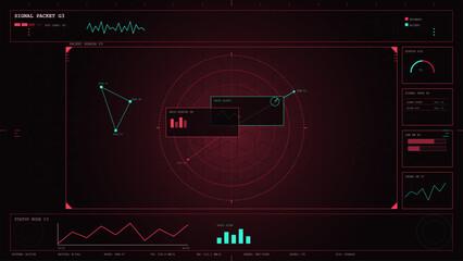 Futuristic red neon HUD dashboard showing signal monitoring, data analytics, radar visualization, and system status in a dark cyber technology interface.