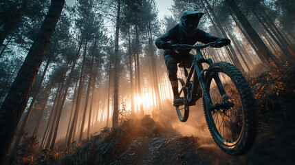 Mountain biker jumping on forest trail at sunrise, dynamic action, dust, speed, adrenaline, sport, adventure, outdoors
