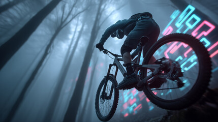 Obraz premium Mountain biker jumping in misty forest with neon lights, futuristic action, speed, adrenaline, extreme sport, motion 