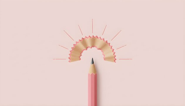 A pink pencil with a sharp tip standing upright on a light pink background with rays and a cut-out half-circle shape emerging from it