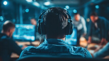 Individual immersed in digital interaction wearing over ear listening devices in low light setting