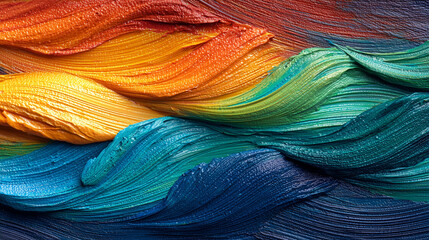 Colorful paint strokes blend harmoniously, showcasing vibrant hues from red to deep blue, creating a textured and dynamic visual experience.
