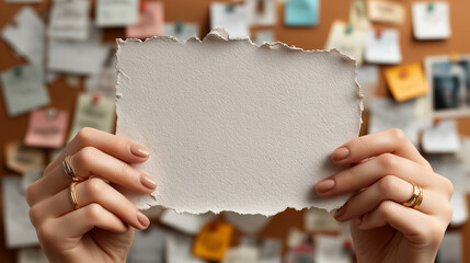 A person holds a blank, torn-edge paper in front of a colorful backdrop of notes and images, creating an inviting space for creativity or messages.