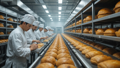 Team of bakers in modern industrial bakery carefully inspects freshly baked bread loaves on conveyor belt, showcasing precision and teamwork in high tech environment