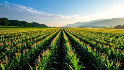 Lush cornfield stretching towards the horizon under a bright blue sky.