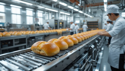 Modern bakery factory with workers in uniforms operates automated production line, producing freshly baked bread. scene captures efficiency and precision of industrial baking