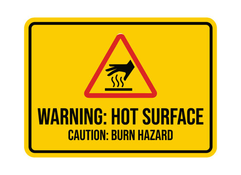 Yellow warning sign indicating hot surface burn hazard