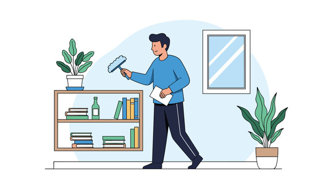 Man uses a duster to clean dust from a bookshelf filled with books and potted plants in a modern living room setting.