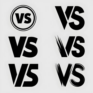 VS logo mark variations &mdash; four bold black &ldquo;VS&rdquo; versus logo styles with circular, slashed and brushstroke treatments for sports, competitions, matchups and branding

