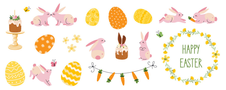 Vector illustration set with Easter bunnies, decorated eggs, carrots, spring flowers, cake, garland and wreath. Design for holiday card, poster