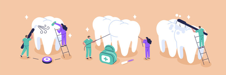 Dental checkup illustration set. Doctor dentist, medical staff characters making professional teeth cleaning, treatment and oral hygiene. Preventive health care vector concept.

