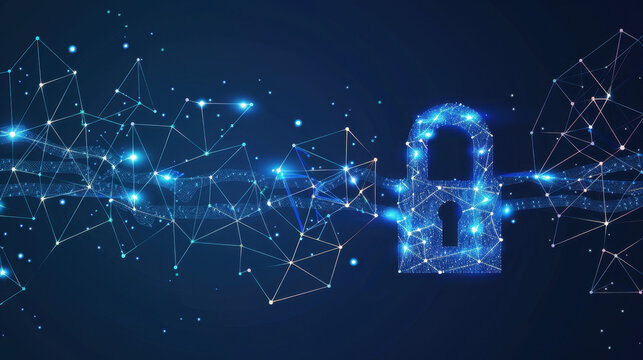 Digital Fortress: Conceptual image showing a digital lock symbolizing online data security, surrounded by a network of interconnected nodes representing the internet.