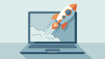 A stylized illustration of a rocket launching from a laptop screen, symbolizing rapid growth or a new venture.