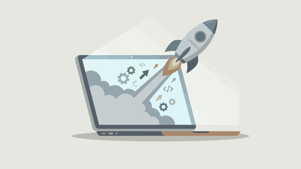 A rocket launching from a laptop screen, symbolizing startup, development, and technology.