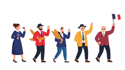 Fototapeta premium Group of people representing French culture with wine glasses, baguettes, and a flag in a flat illustration style.
