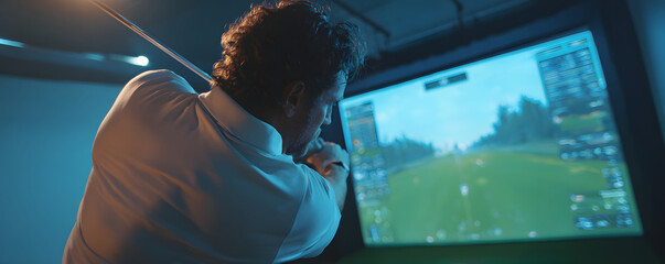 Man Playing Golf In Indoor Simulator Room, Hitting Ball on Screen in Virtual Golf Course Simulation
