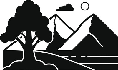 Black and white mountain landscape with tree and road