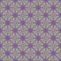 Ornate Seamless Floral Damask Pattern: Intricate Mandala Motifs in Violet, Pink, and Gold on a Light Gray Distressed Background for Luxury Textile and Wallpaper.