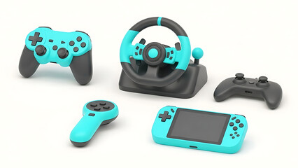 Assorted Gaming Controllers and Accessories on a White Background