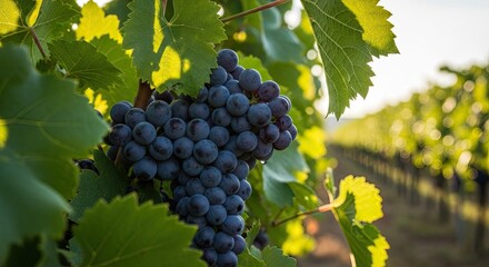 A cluster of dark purple grapes hanging from a vine in a vineyard with green leaves and sunlight filtering through.
