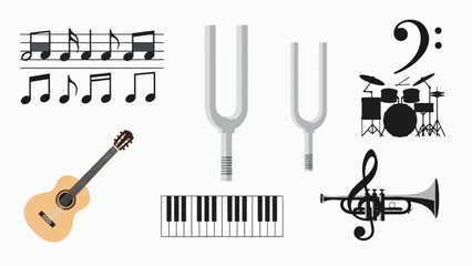 A vector graphic illustration of various musical instruments and symbols on a white background