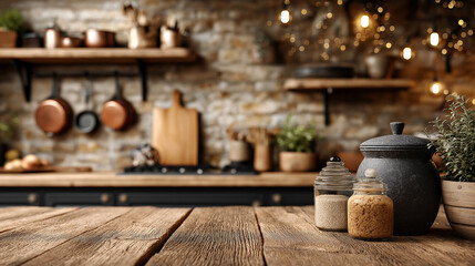 Fototapeta premium A cozy kitchen scene featuring wooden surfaces, rustic shelves, and glass jars filled with ingredients, illuminated by warm ambient lighting.