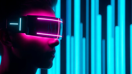 A woman wearing futuristic neon glasses stands in front of a vibrant blue light installation.