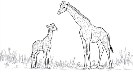 Giraffe mother and calf in African savanna illustration