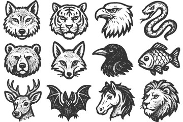 Obraz premium Vintage animal heads: wolf, tiger, eagle, snake, bear, fox, raven, fish, deer, bat, horse, lion.