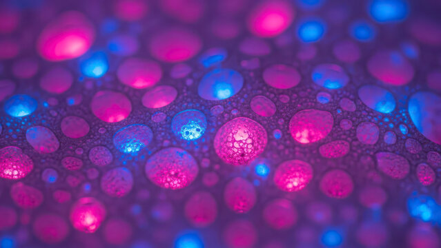 Macro photography of glowing pink and blue bubbles and organic cell structures with a shallow depth of field on a textured dark purple surface - Powered by Adobe
