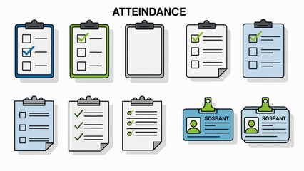 A vector graphic illustration of various attendance record clipboards and ID cards in a modern flat design style