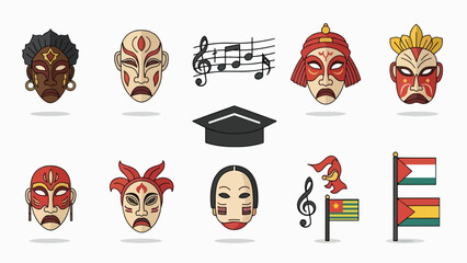 A colorful vector graphic illustration of various cultural symbols and icons, including masks, music notes, a graduation cap, and flags.