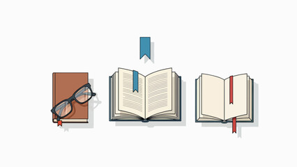 A vector graphic illustration of three open and closed books with bookmarks and glasses on a white background