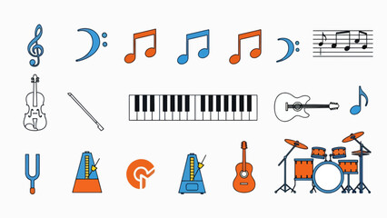 A colorful vector graphic illustration of various musical instruments and symbols