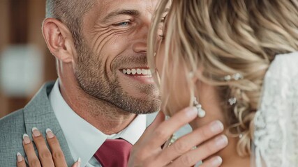 Intimate Wedding Moment with Groom Smiling at Bride Indoors