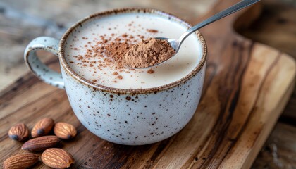 Almond milk latte with cocoa powder being sprinkled on top, rustic style, cozy atmosphere, coffee break, snack, food photography.