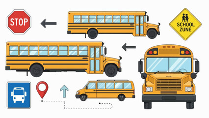 A vector graphic illustration of a school bus in various views and symbols