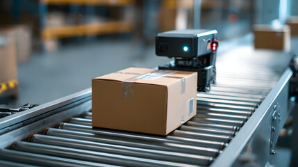Automated Package Handling: A close-up view captures an automated scanner analyzing a cardboard box as it moves along an industrial conveyor belt within a vast warehouse, symbolizing logistics.