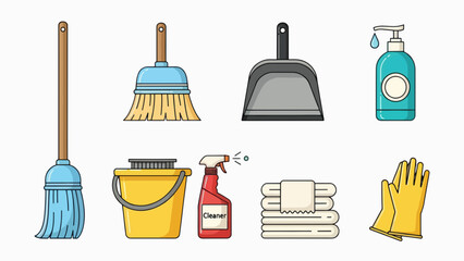 A set of colorful cleaning supplies and tools arranged neatly on a white background