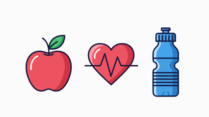 A colorful vector graphic illustration of a healthy lifestyle with an apple, heart, and water bottle