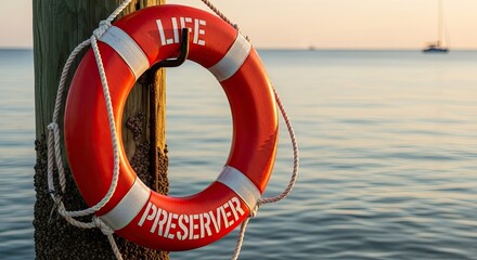 Life preserver hanging on a wooden post by the sea.