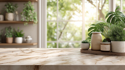 A serene kitchen setting featuring a marble countertop adorned with decorative pots and plants, bathed in natural light from large windows.