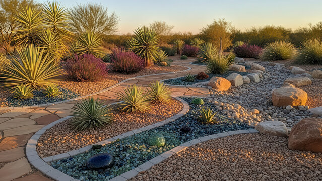 Desert xeriscape garden with a winding stone path succulents purple lavender bushes and a dry river bed made of river rocks and colorful glass pebbles at sunset