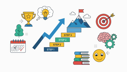 A colorful vector graphic illustrating business success and growth with various icons