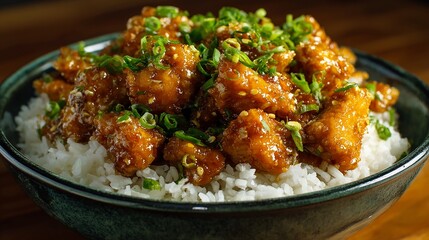 Fototapeta premium Delicious sesame chicken and rice, garnished with scallions, a culinary delight